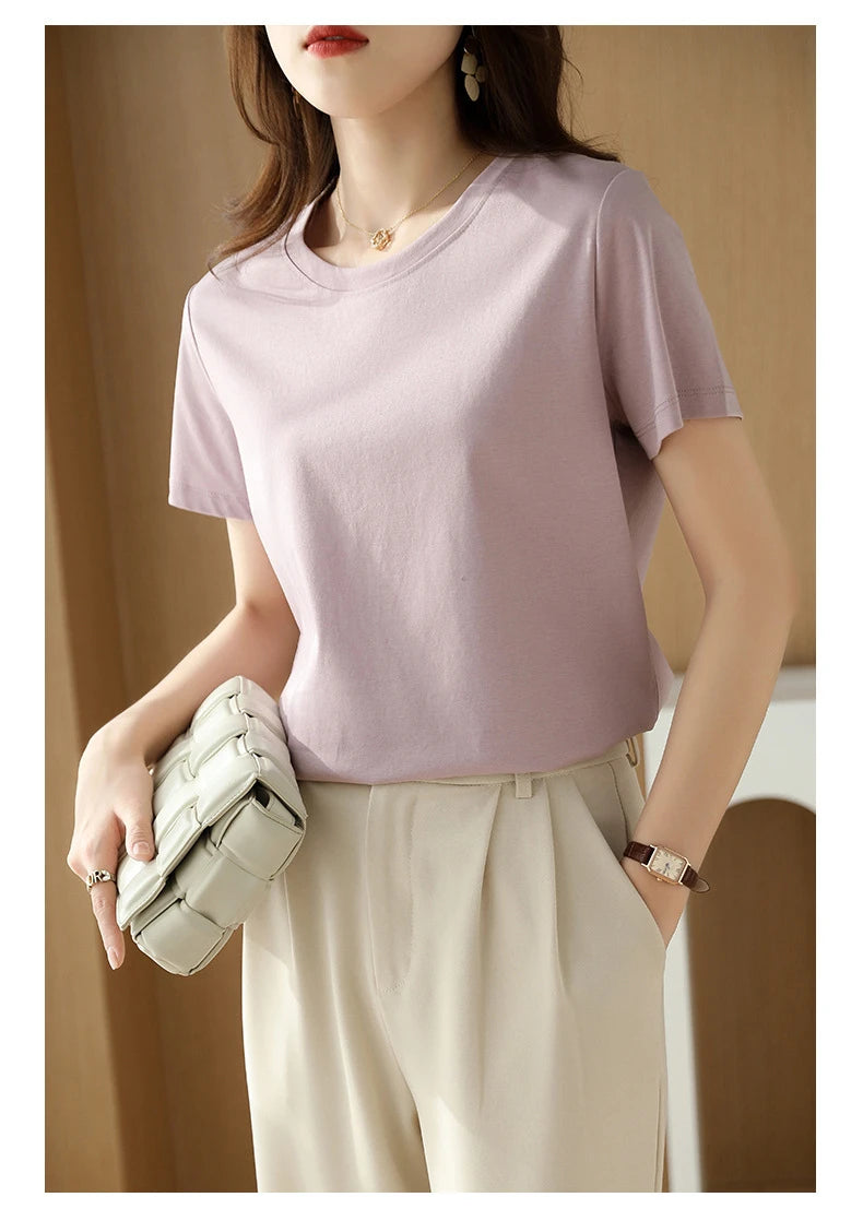 Short-sleeved T-shirt Solid Color Cotton Loose Round Neck Korean Version 2026 Spring And Summer Casual Bottoming Shirt Women